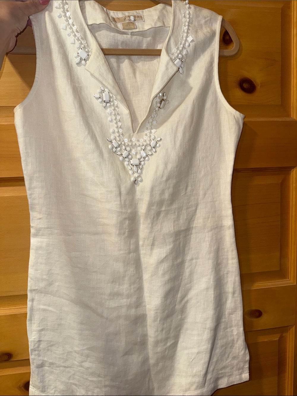 Michael Kors White Sleeveless Beaded Linen Shift Top